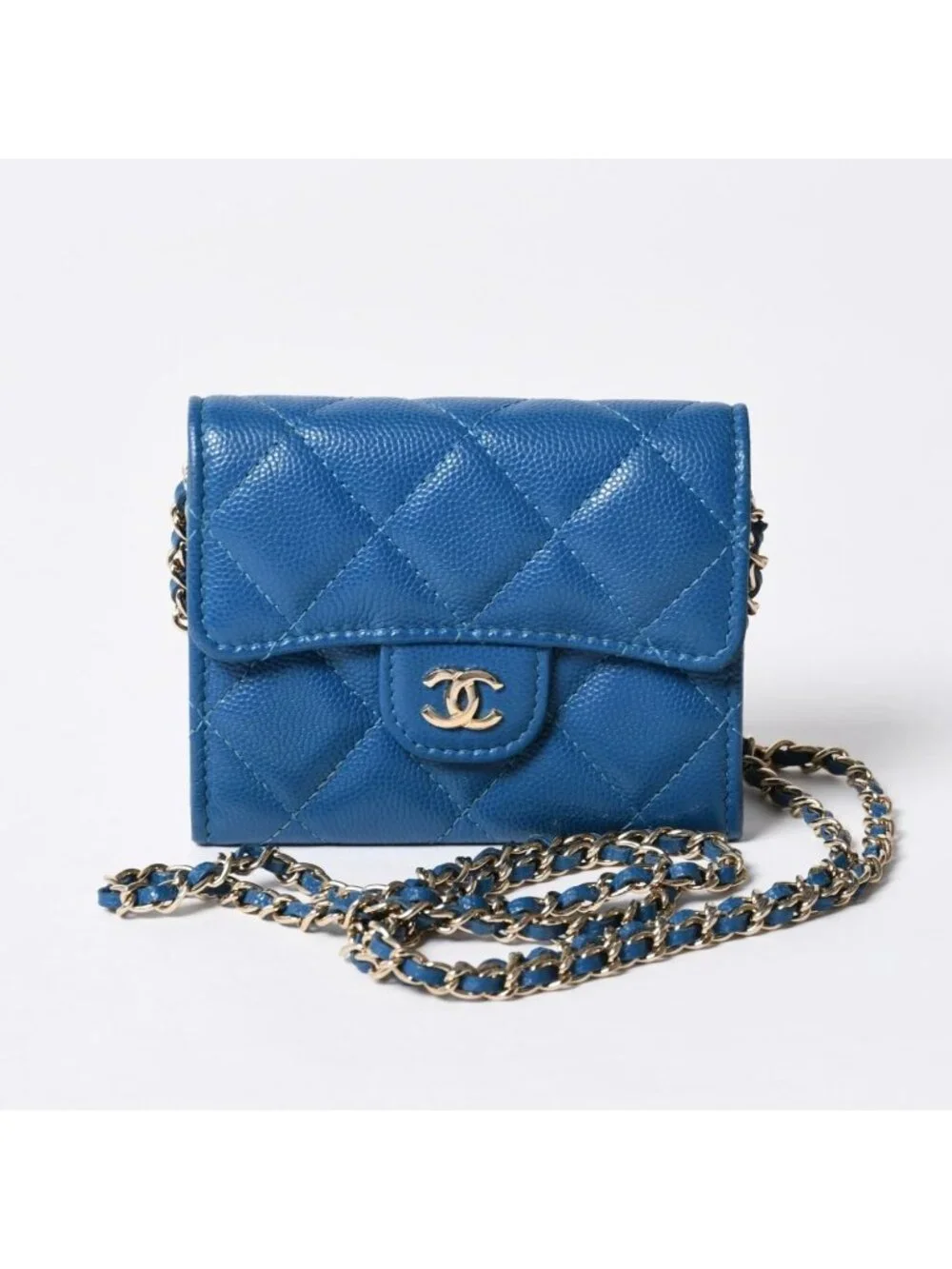 Chanel Chain Wallet Coin Purse CC Logo Caviar Leather Blue